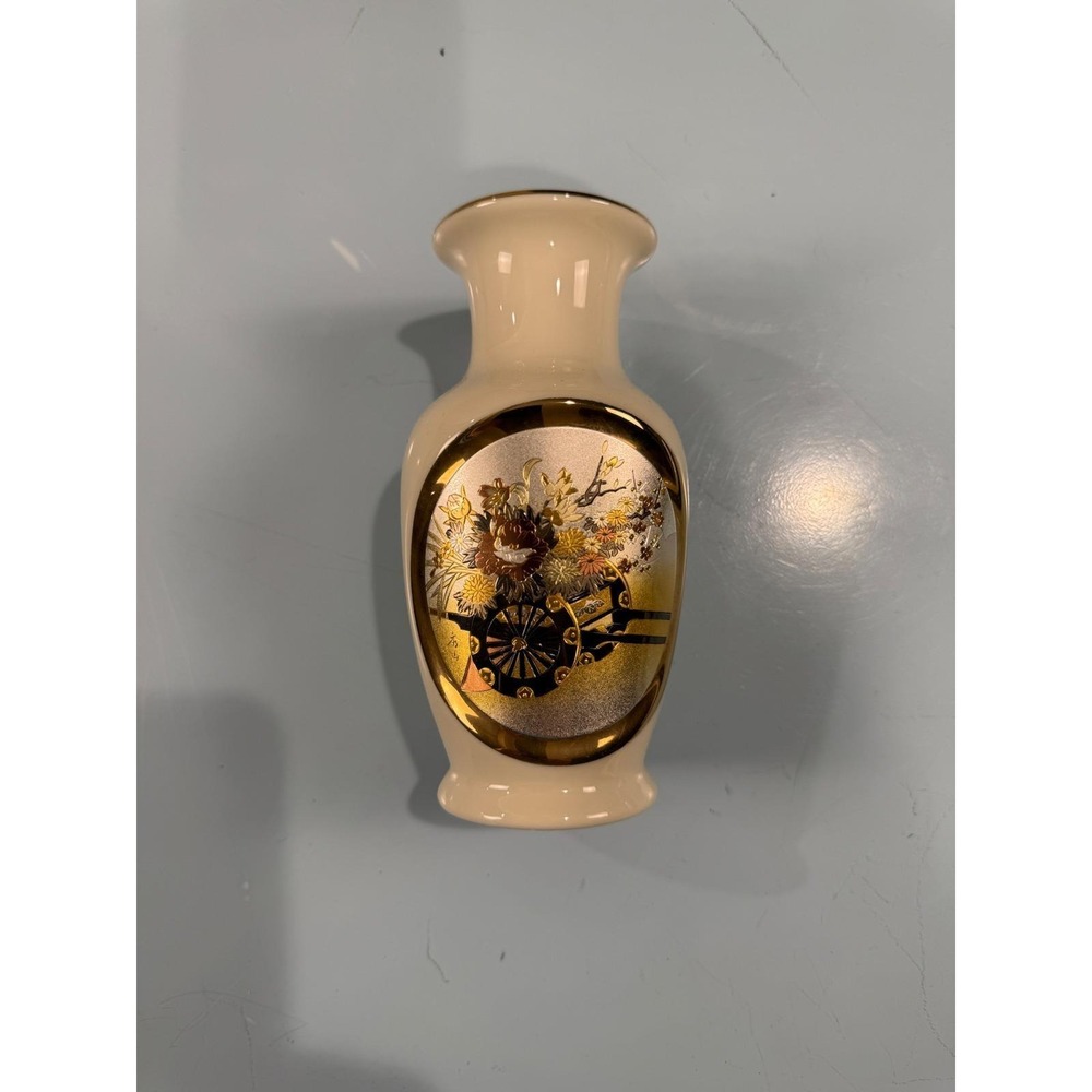 Vintage Chokin Art Japanese Bud Vase 24KT Gold Edged Flower Cart Made in Japan